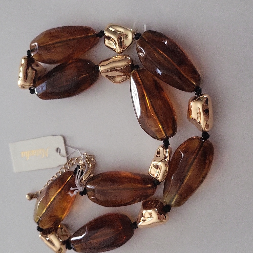 Natasha Amber and Gold tone beaded necklace